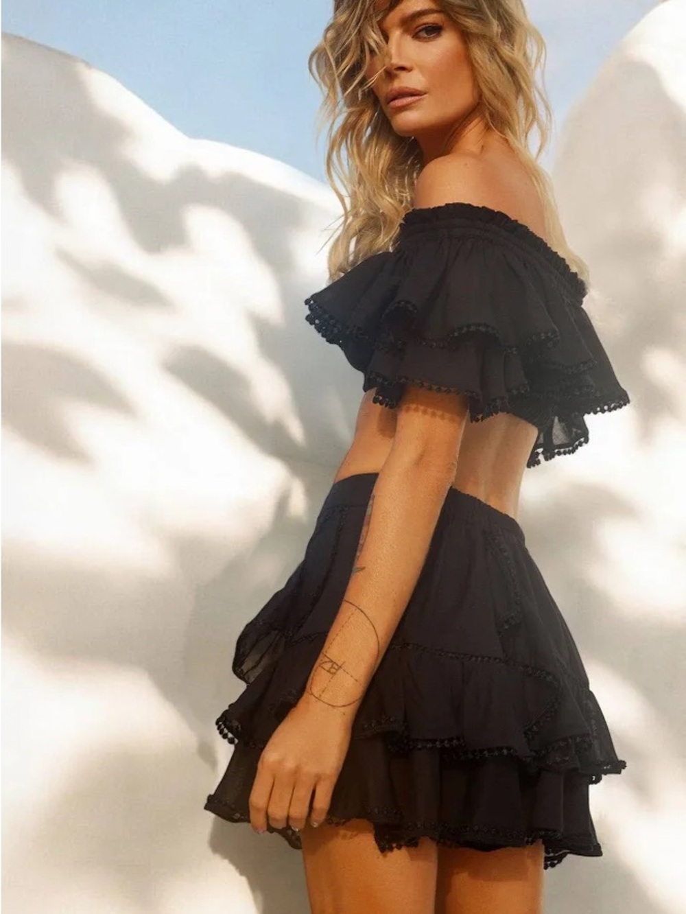 🌟SALE Charo Ruiz Cata Ruffle Bardot Off Shoulder Cropped Top Black